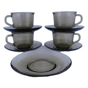 Vintage Arcoroc France - 4 Smoky Glass Cups & 5 Saucers
